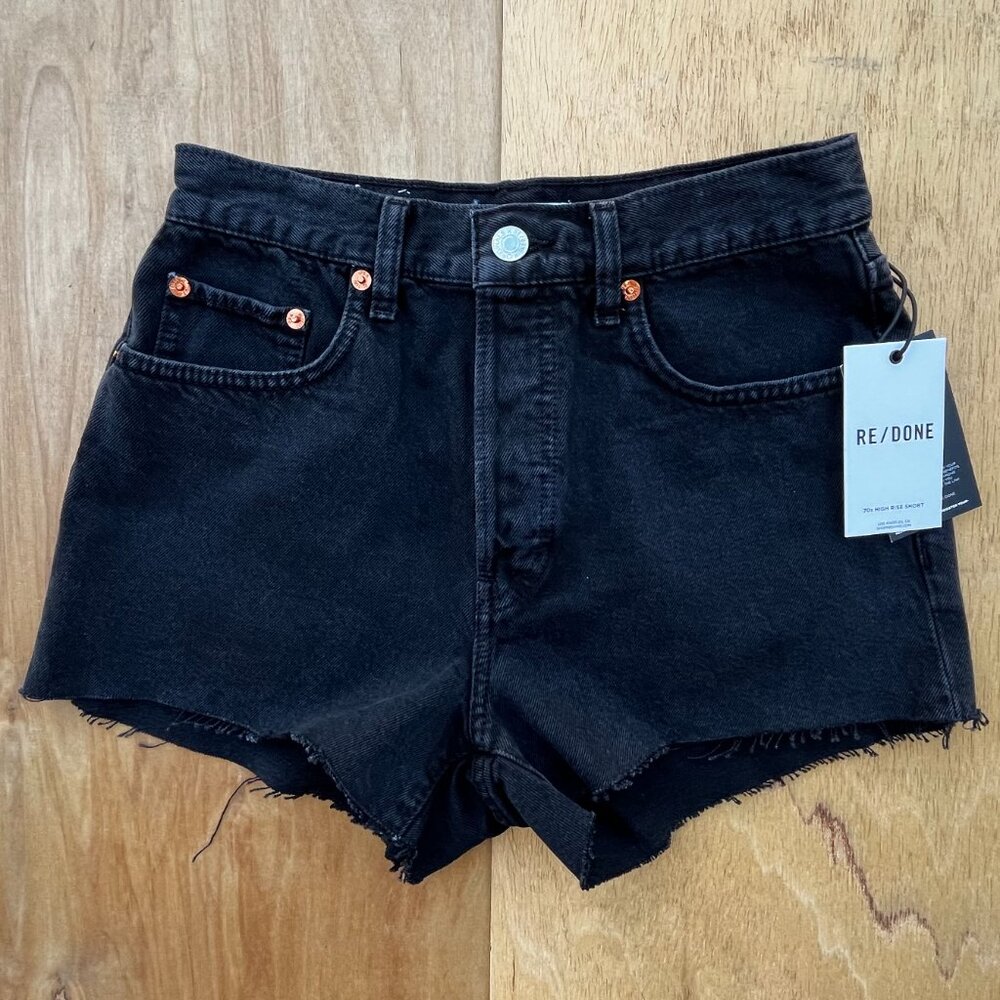 RE/DONE 70s HIGH RISE SHORT WOMEN’S sz 25 Cutoff Midnight Black Button NWT